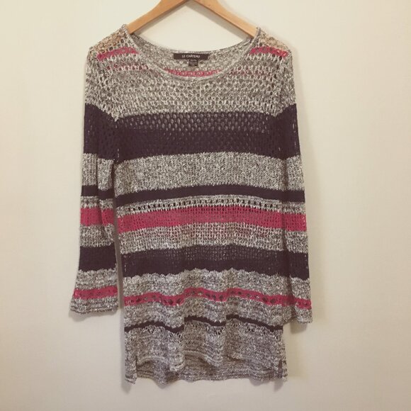 le chateau Grey, Navy and Pink Crochet Tunic Length Slip Over Top - Picture 3 of 11